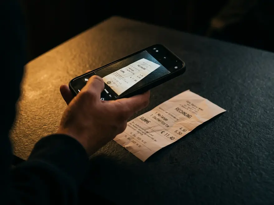 Eine Hand fotografiert mit dem Telefon einen Kassabon auf einem dunklen Tisch, warmes Licht fällt von der Seite ein.