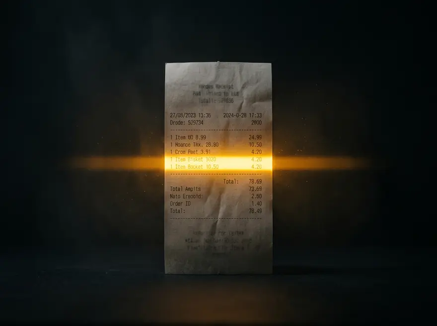Ein Kassabon steht aufrecht im Dunkeln, ein goldener Lichtstreifen wandert wie ein Scanner über die Zeilen.