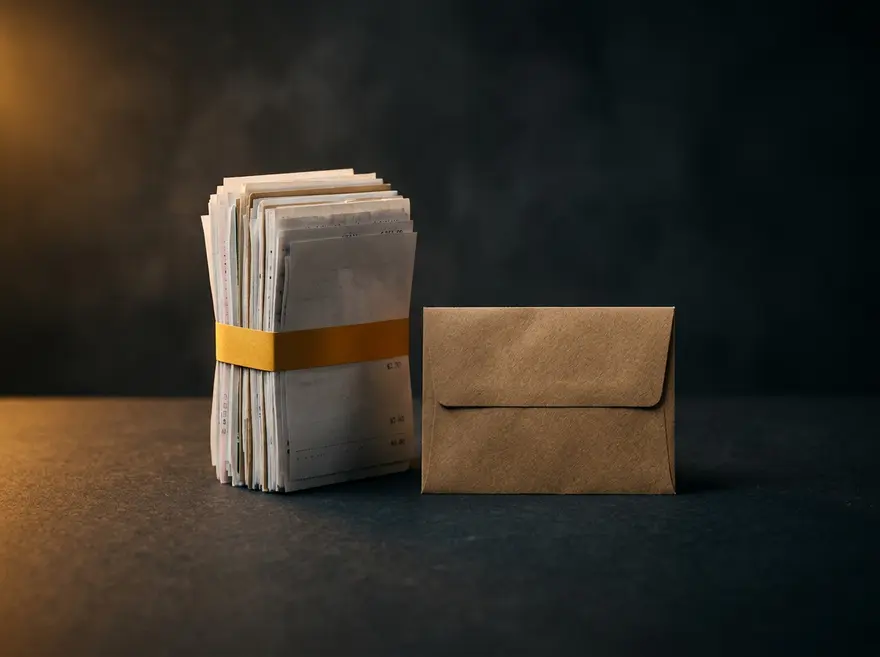 Ein sauber gebündelter Stapel Belege mit goldenem Papierband, daneben ein braunes Kuvert.